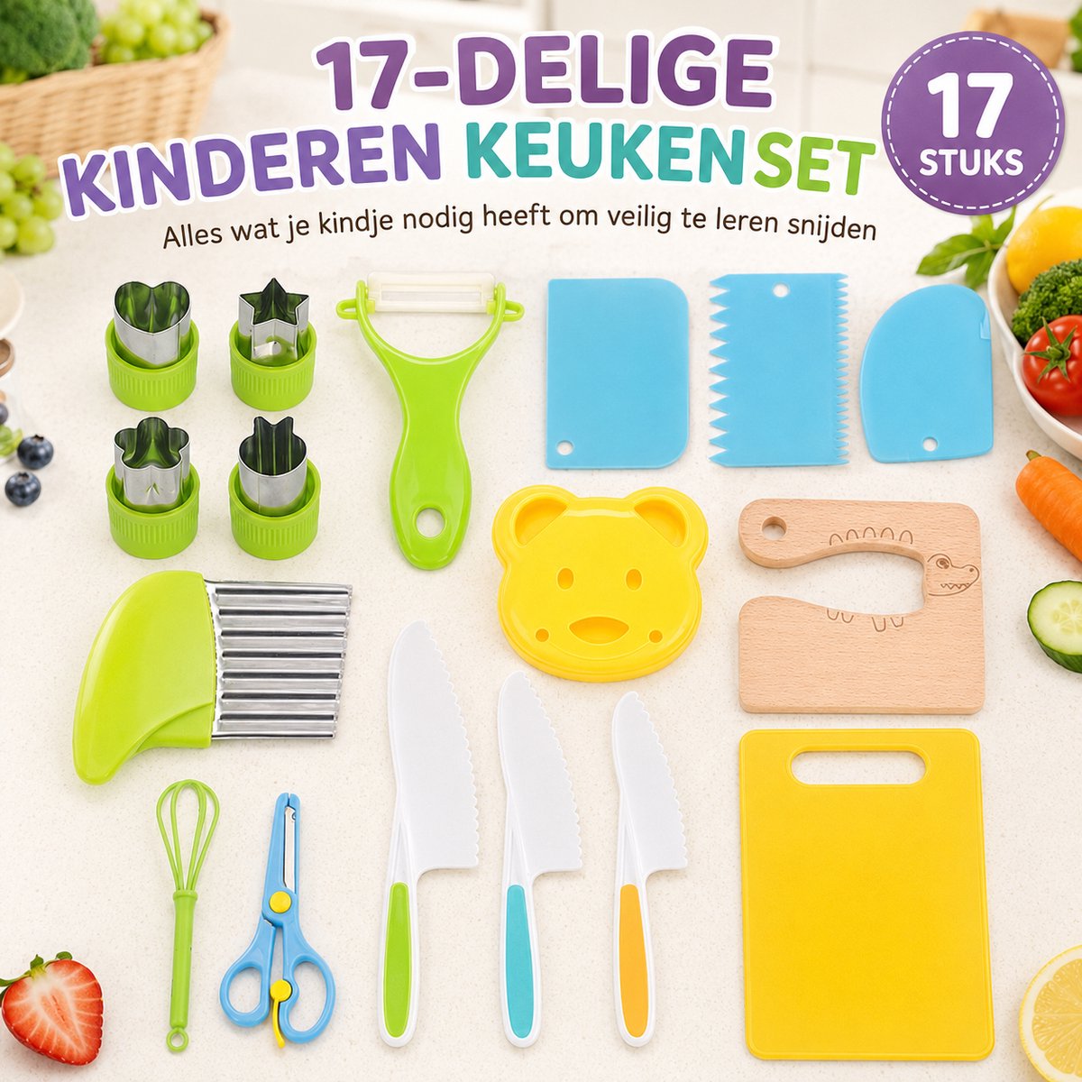 YYchan Kindermessenset-17 Delige Set-Kinderbestek-Veilige Messen Voor Kinderen-Gekleurde kindermessen-keukenset kinderkeuken-Kindermessen met Snijplank Schilmesje Kindermes Frietsnijder
