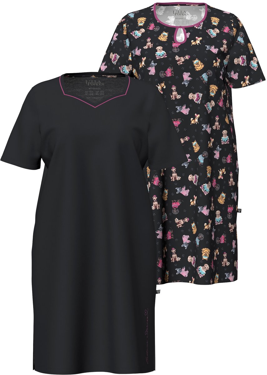 Ulla Popken - Dames - Bigshirts set van 2 honden ronde hals/hartvormige hals - Zwart - Maat 54+
