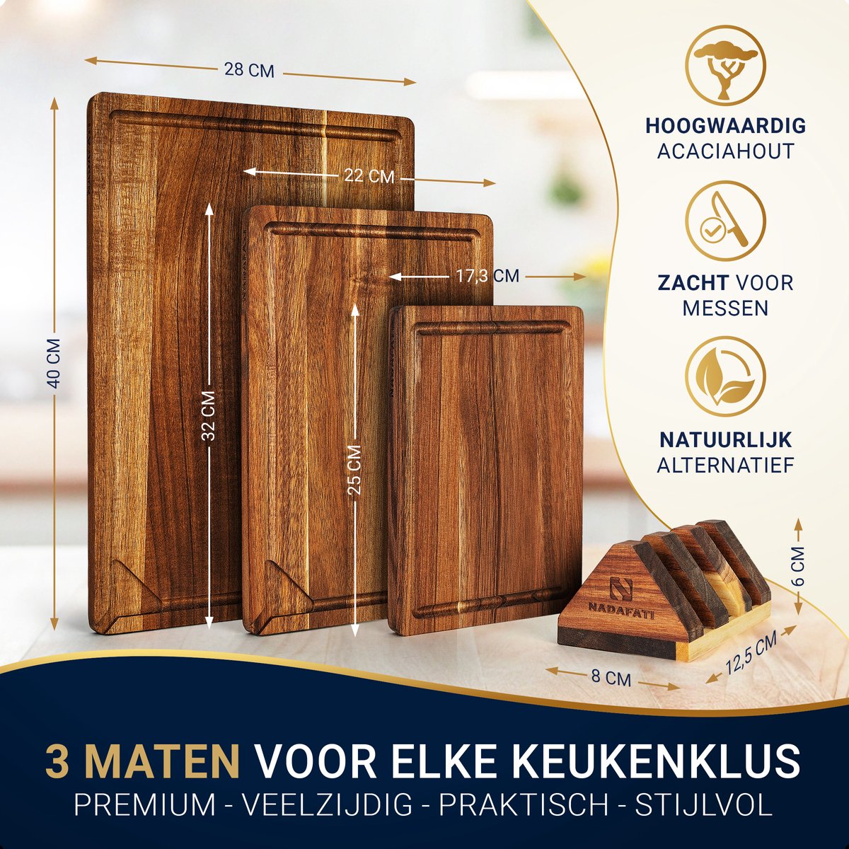 Nadafati Premium Massief Acacia Houten Snijplankenset met Houder - 3 Houten Snijplanken - Dubbelzijdig - Met Sapgeul - Hakblok - Serveerplank - Borrelplank - Tapasplank - Kaasplank - Broodplank - Snijplank van Acaciahout — cadeau in Kookcadeaus - foto 6