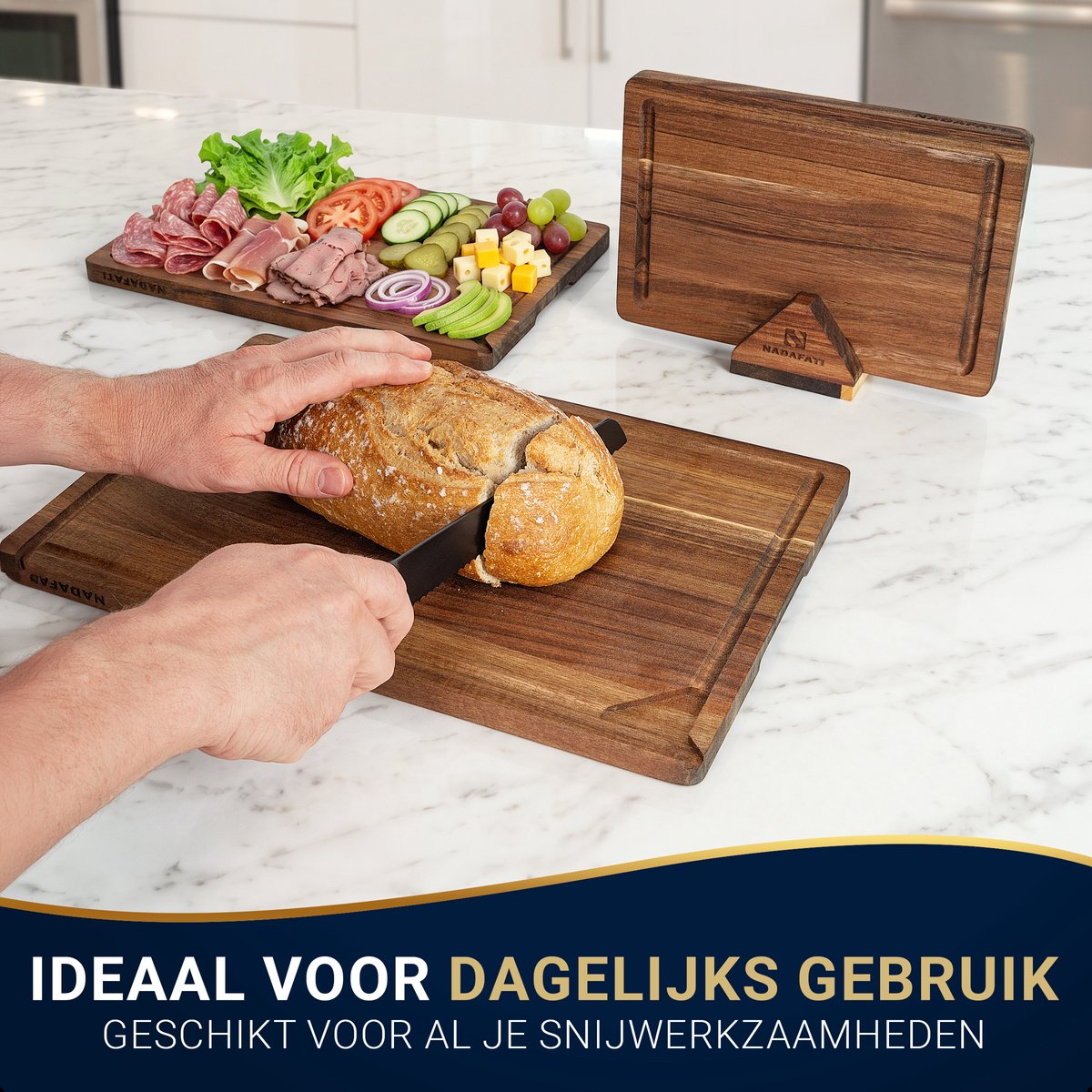 Nadafati Premium Massief Acacia Houten Snijplankenset met Houder - 3 Houten Snijplanken - Dubbelzijdig - Met Sapgeul - Hakblok - Serveerplank - Borrelplank - Tapasplank - Kaasplank - Broodplank - Snijplank van Acaciahout — cadeau in Kookcadeaus - foto 5