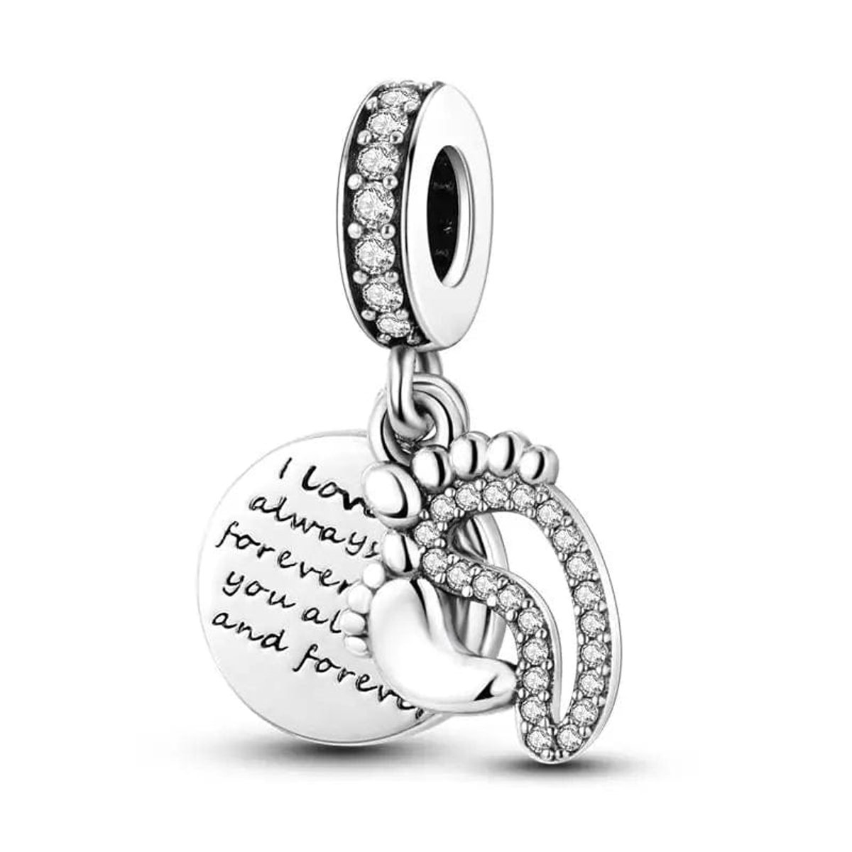 Fler® | Bedel | Past op populaire bedelarmbanden (standaard - 3mm) | Babyvoetjes Herinneringsbedel | Hangbedel Charm | 925 sterling zilver | Transparante zirkonia | Valentijnsdag Cadeau | Sinterklaas kado | Kerstcadeau | Verjaardagsgeschenk | Vriend