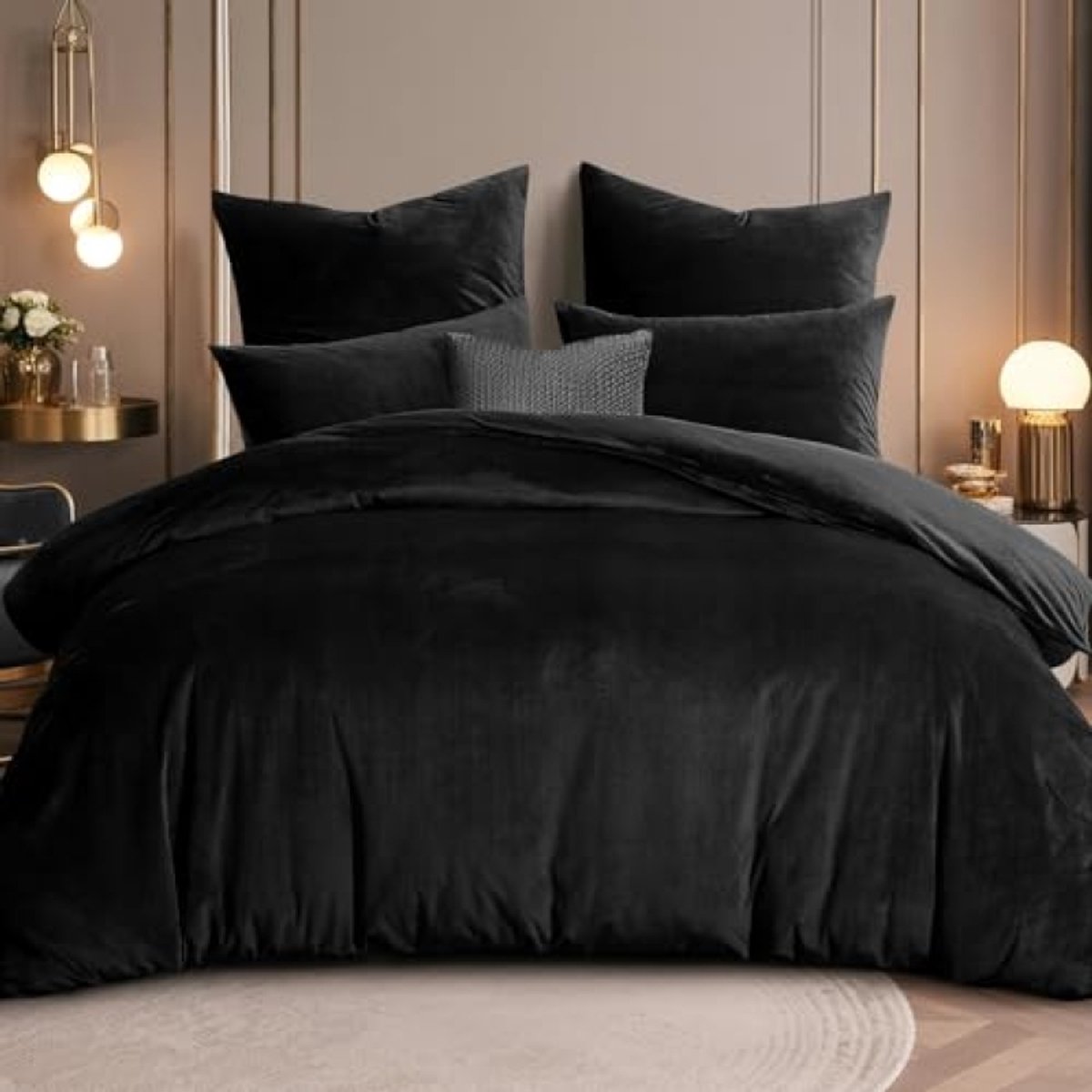 Flanellen dekbedovertrek 220x240 cm – warm fleece beddengoed set met 2 kussenslopen 80x80 cm, zwart