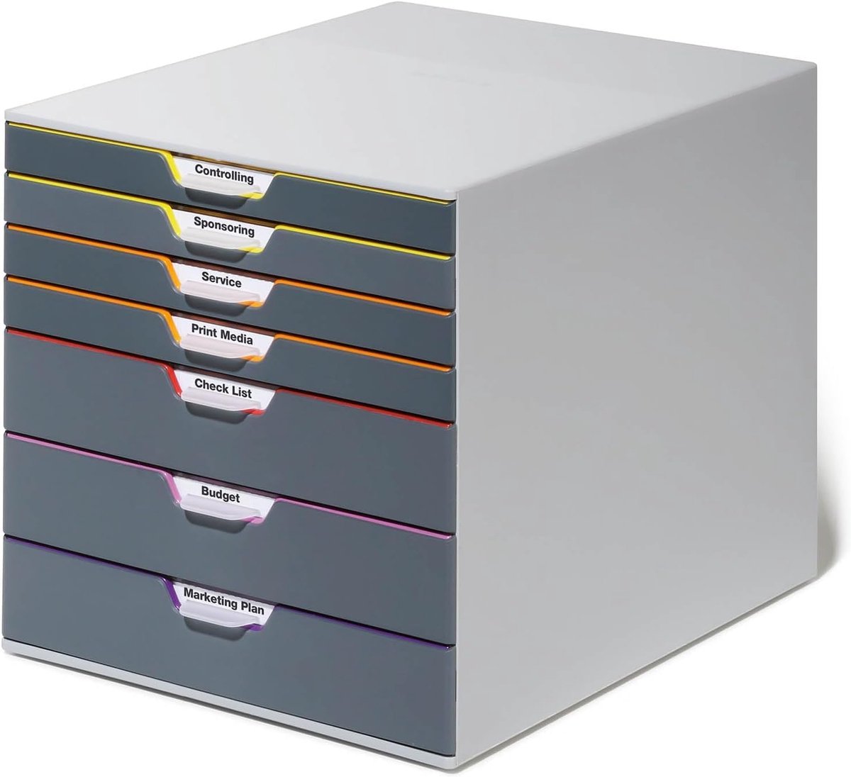 760727 Ladebox A4 (Varicolor) 7 vakjes, met etiketten voor het etiketteren, veelkleurig, met een etiket voor de etikettering. | Kantoororganizer van ABS-kunststof, stapelbaar, 280 x 292 x 356 mm, met etiketten en uittrekvergrendeling