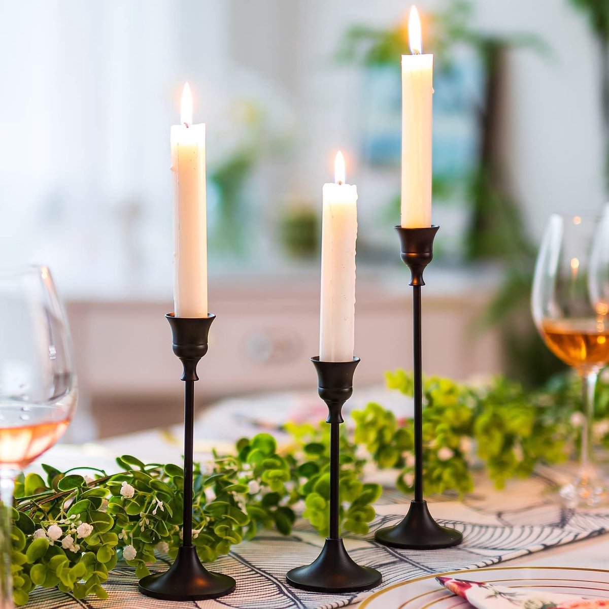 kandelaarhouders: set van 3 zwarte kaarsenhouder | Past op 2 cm taper, 15/18,5/23,5 cm hoog, moderne decoratie voor eettafel, open haard, Halloween, feest, woonkamer