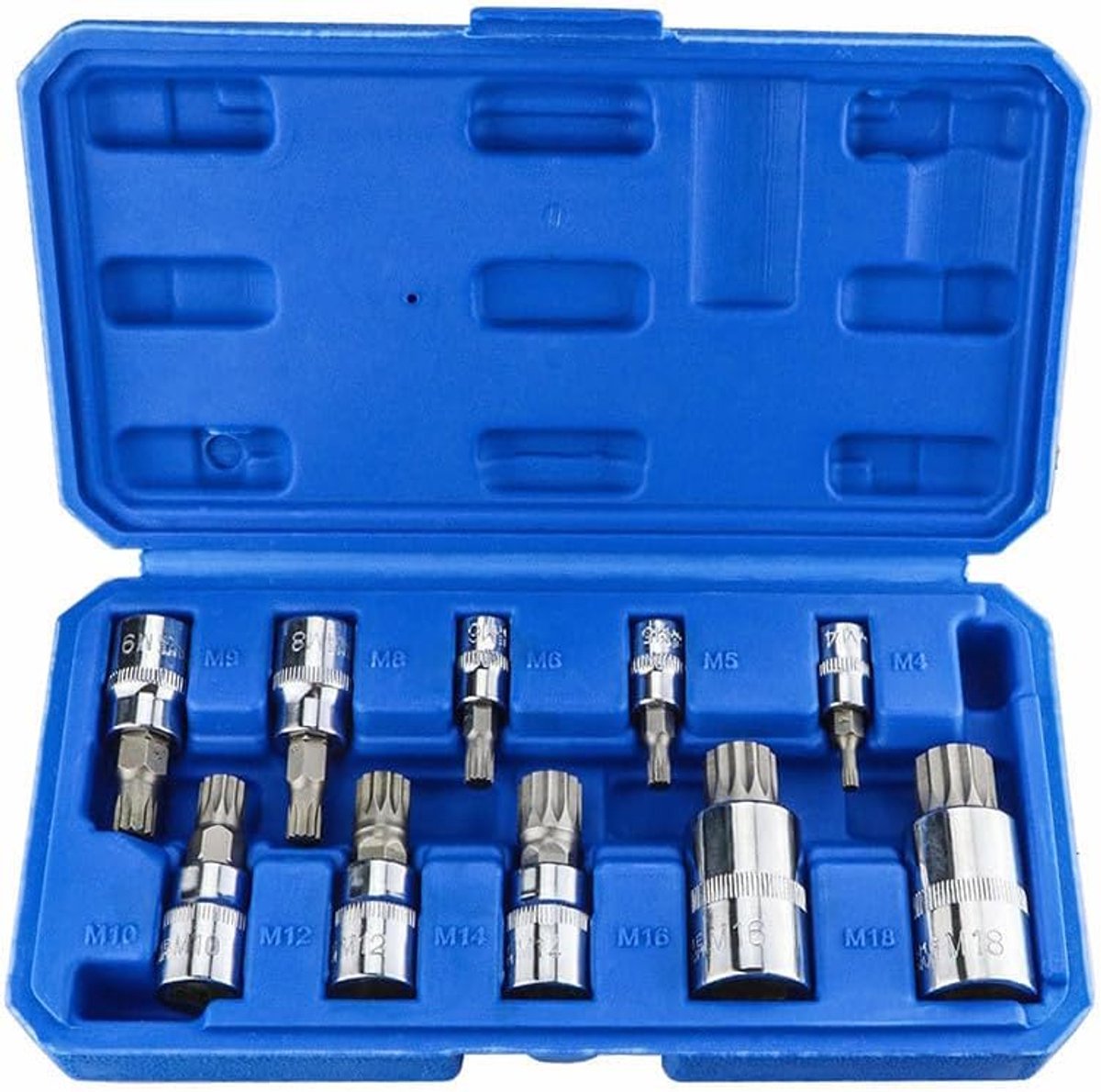 10-delige Torx Dopsleutelset, 1/4", 3/8" en 1/2" XZN Drievoudige Vierkante Spline-bit Doppenset M4 - M18, Torx Bit Doppenset, Cr-V Socket, S2 Staal en Chroom Vanadium Staal Gemaakt
