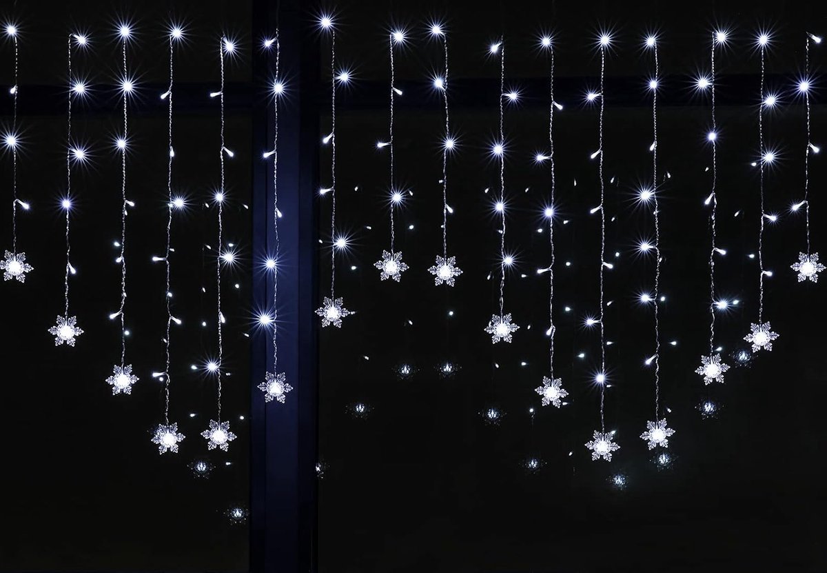 Lichtgordijn, sneeuwvlok, 2 m x 1 m, 8 modi, 5 V, USB, binnenverlichting, kerstdecoratie, met bevestigingsring, voor het raam, tuin, slaapkamer, bruiloft, verjaardag, wit