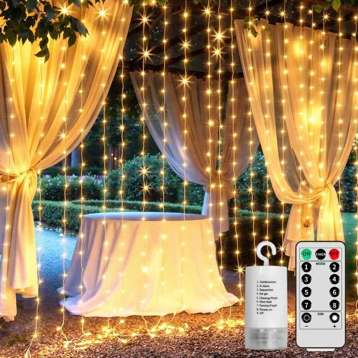3x3M 300 LEDs Gordijnverlichting, Lichtgordijn voor Binnen Buiten, 8 Modi en Afstandsbediening, IP65 Waterdicht, Decoratie voor Tuin, Bruiloft, Feest, Kerstmis, Valentijnsdag
