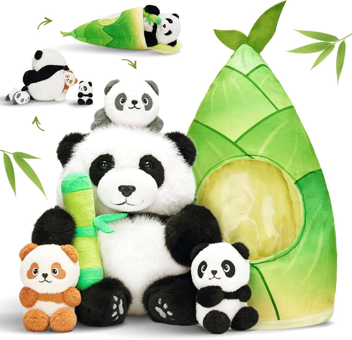 Panda Teddy en Bamboe Tas - 9.8" Zacht Panda Speelgoed, Moeder Met 3 Babies, voor Kinderen Verjaardag