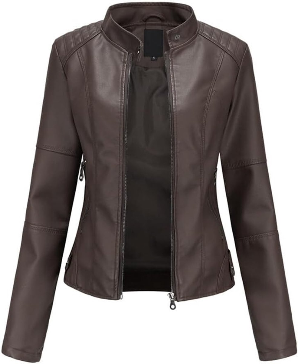 Damesjas van PU-leer, bomberjack, motorjas, dames, kunstleer, biker, met ritssluiting, warm, casual.