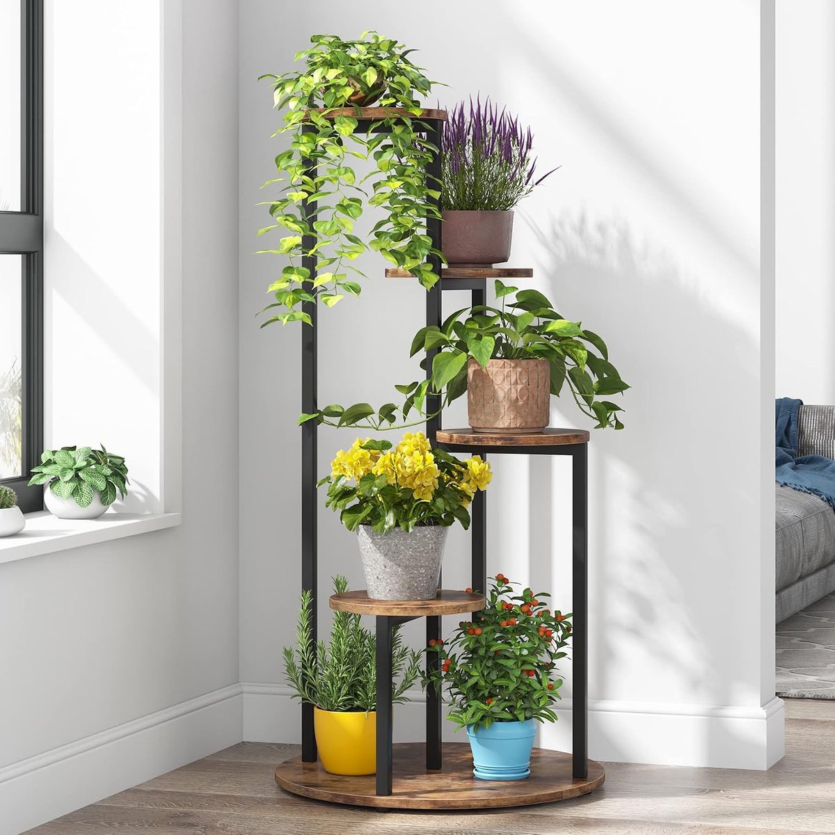 Plantenstandaard voor binnen, 5-laags 103 cm houten plantenplankhouders voor meerdere potplanten, hoekbloempotstandaards met metalen frame voor balkon, tuin, terras, eenvoudige montage