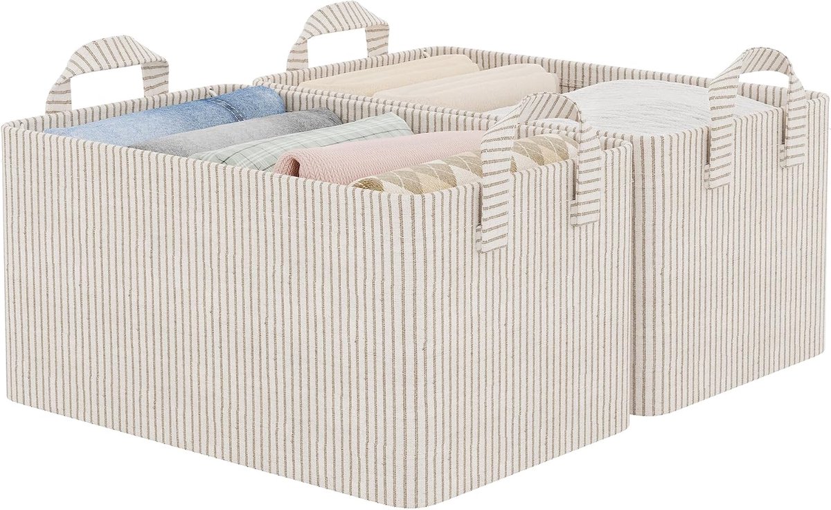 Grote opbergdozen voor de kledingkast, rechthoekige opbergmanden voor planken, kastorganizers met handvatten, opvouwbare opbergbakken voor linnenkast, beige strepen, set van 2