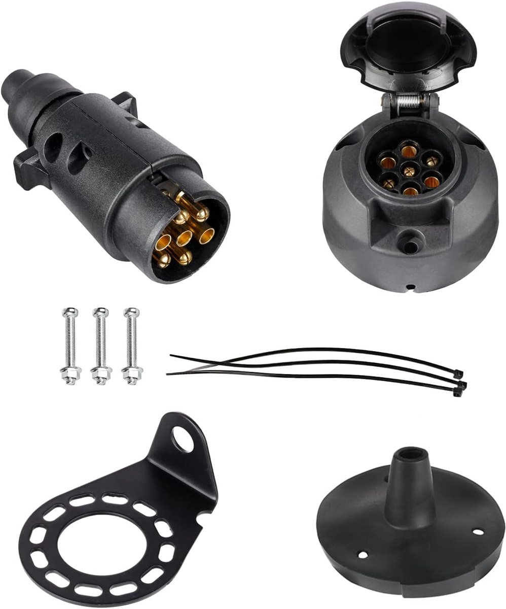 7 Polige Aanhanger Stekker en Stekkerdoos, met Rubberen Afdichting en Metalen Montagebeugel, Conform ISO 1724, 12V Waterdichte Stekker en Stekkerdoos, Voor PKW LKW RV (Gummistiefel)