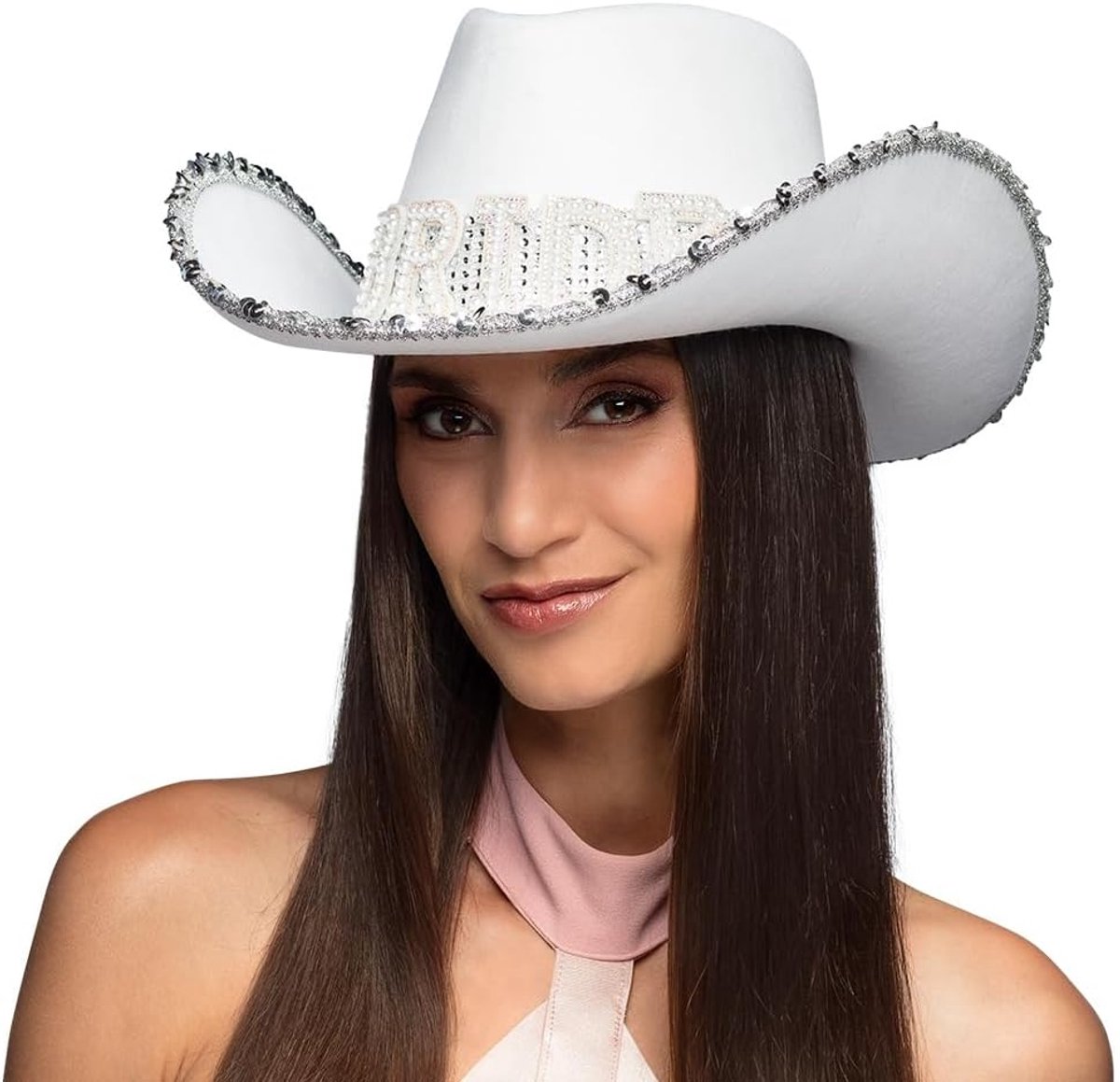 - Cowboyhoed Bride, 59 cm | Westernhoed met parels en strass voor vrijgezellenfeest, bruiloft en themafeest
