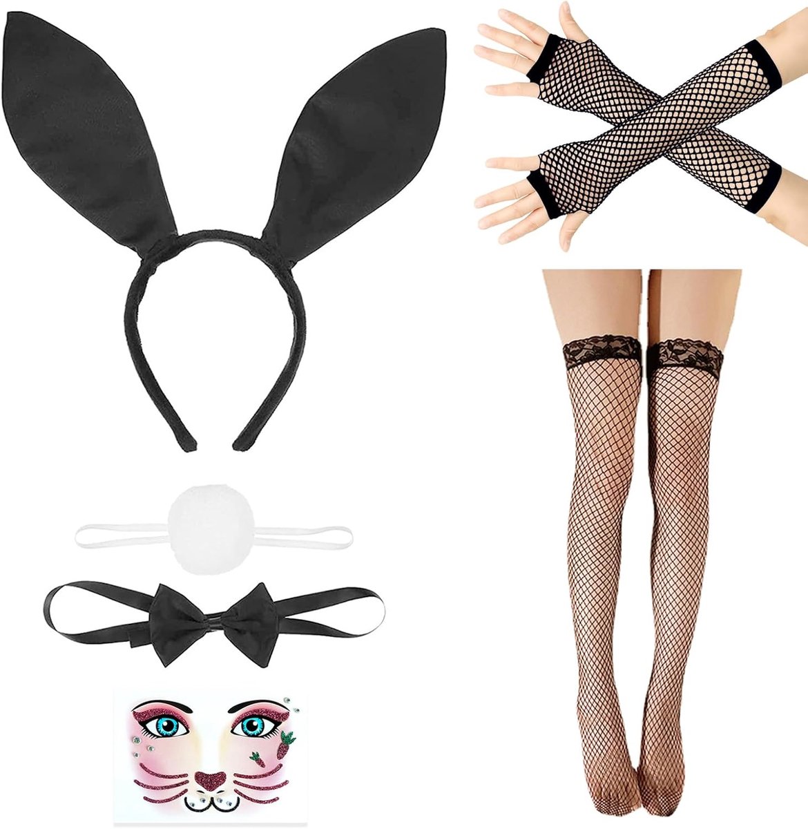 Anime vrouwen konijnenkostuum, uit een zwarte konijnenoren hoofdband, een konijnenstaart, een vlinderdas en een paar nettenhandschoenen - Ultieme Bunny Cosplay Set voor Elke Gelegenheid
