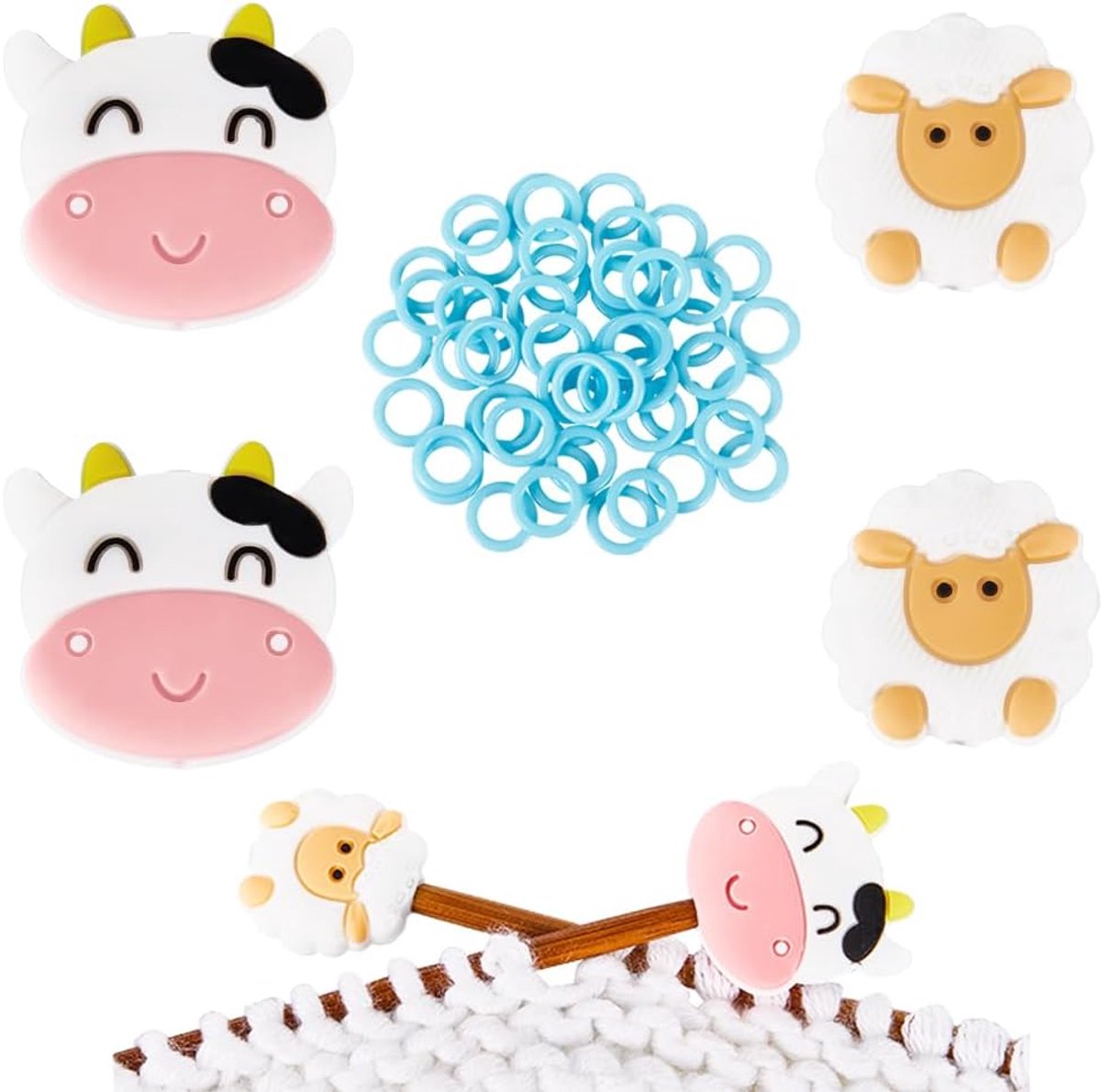 1 Doos 54Pcs Breinaald Punt Protectors Stitch Stopper Schaap Koe Leuke Siliconen Dier Naald Stoppers Protector End capss Ronde Haak Markers voor Haken Quilten Breinaalden