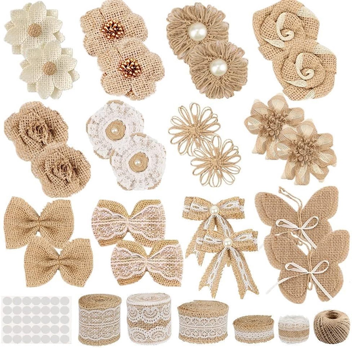 30 stuks jute jute bloemen set, inclusief 24 jute bloemen en strikken, 5 kanten jute lint rollen, 1 touw lint en lijm punt voor bruiloft feest decor thuis verfraaiing doe-het-zelf ambachten