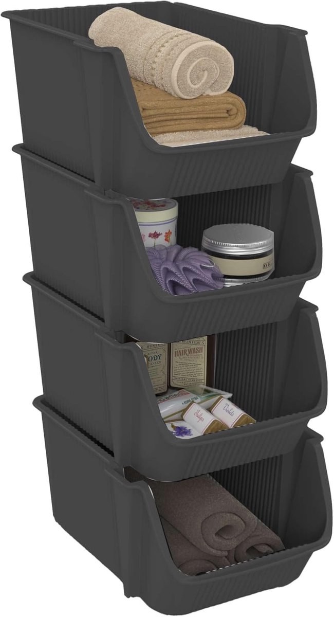 Fly Tower, stapelbare opbergbox, toren van 4, grijs | Gerecycled kunststof, ideaal voor de werkplaats, garage, speelgoed, keuken en badkamer