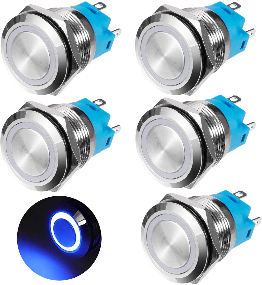 Drukknop, momenteel, 19 mm, drukknopschakelaar, 12 V-24 V, 3 A, waterdicht, drukknopschakelaar van verchroomd messing, met ledlicht, ring, blauw, 5 stuks