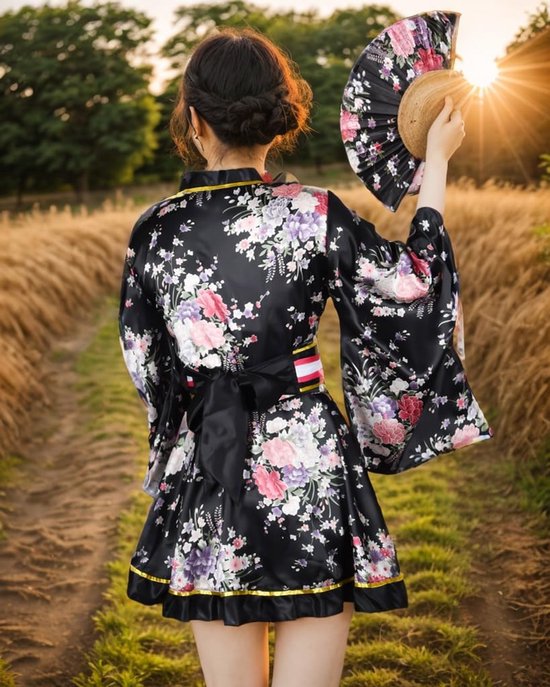 5 stuks Japanse kimono-badjas voor dames, korte kimono-jurk met bloemenprint, sexy Geisha Yukata satijnen badjas met accessoires — afbeelding 3