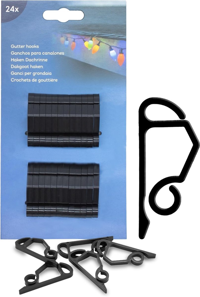 Haken, zwart, voor lichtsnoeren, 24 stuks, dakgoothouder voor decoratieve verlichting, haken voor bevestiging van lichtnet, lichtslang aan de dakgoot, set van 24 stuks