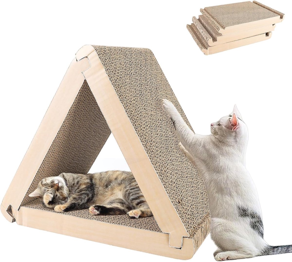 Krabplank voor katten, driehoekige krabplanken voor katten, van golfkarton, 6 bruikbare zijden, kattenbak, karton, krabmat kat, aan beide zijden verkrijgbaar, kattenkrabplank, krabtapijt kat