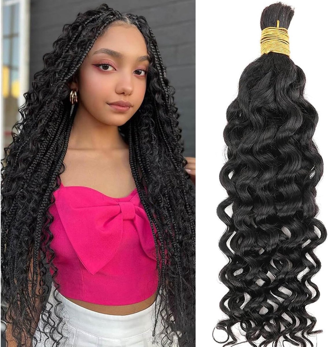 Braiding Hair Water Wave Human Hair Brazilian Curly Boho Hair for Braiding No Weft for Boho Braids Human Hair Wet and Wavy for Extensions Knotless Braids(Natural color, 14 inch/50g)
