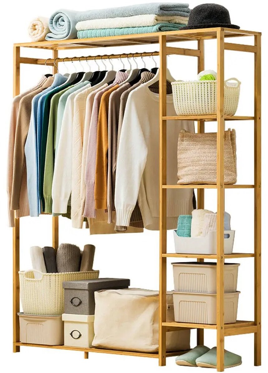 NextNovaDeals Kledingrek - Bamboe - Opbergplanken En Hangstang - Voor Slaapkamer - 90 X 30 X 147 Cm - Stevig Ruimtebesparend