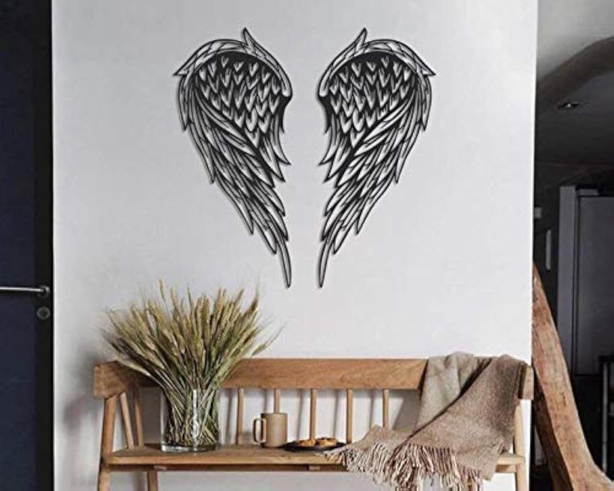Wings metalen wandkunst, 100% metaal, 2D, beeldhouwkunst, groot en breed, wandophanging, voor woonkamer, slaapkamer, slaapzaal, cadeau voor haar, hart-shap (zwart)