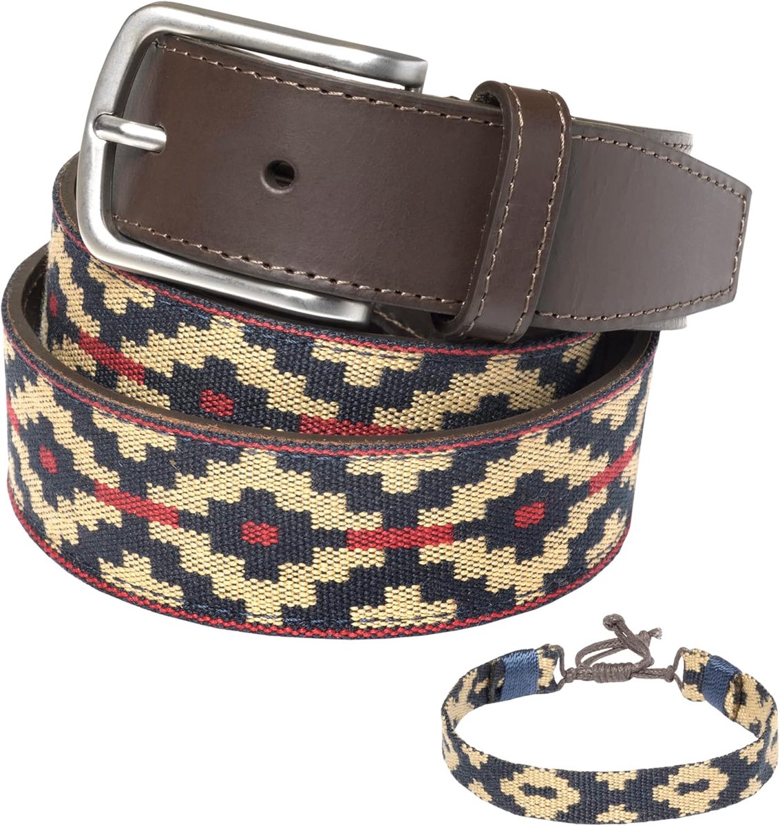 leren riem, met bijpassende armband van leer en draad. Geborduurde riem op leer, voor mannen en vrouwen. Argentijnse Polo riemen.