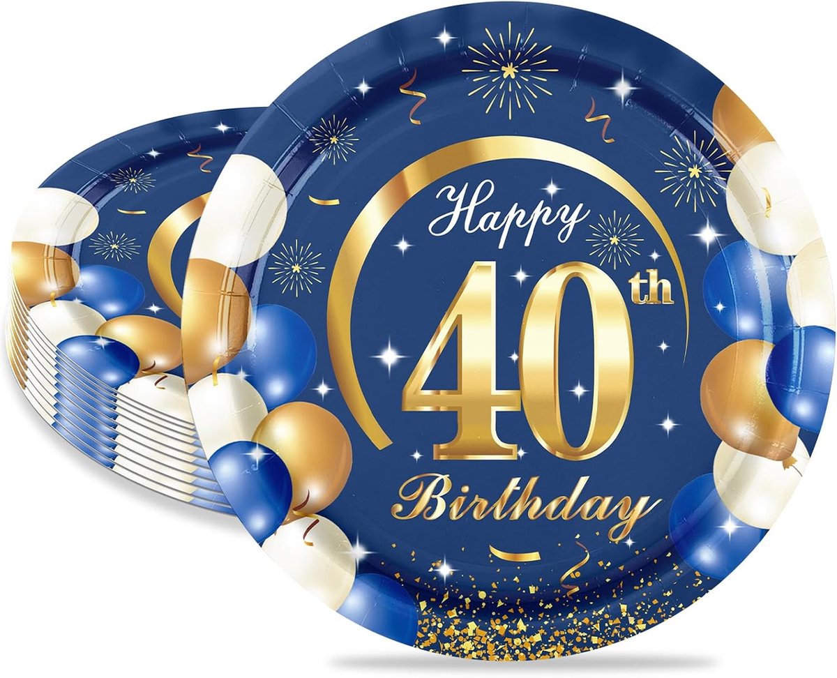 16 stuks papieren borden voor 40e verjaardag, blauw goud, 40 jaar, feestborden, 7 inch/18 cm, milieuvriendelijke wegwerp- en wegwerpborden, decoratie voor verjaardagsfeesten, 16 gasten