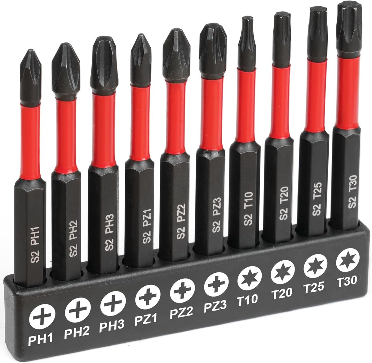 10st schroevendraaier set, magnetische impact driver bit set, S2 staal Torx, Phillips, Pozidriv, Sabotage Proof Torx PH1-PH3, PZ1-PZ3, T10-T30