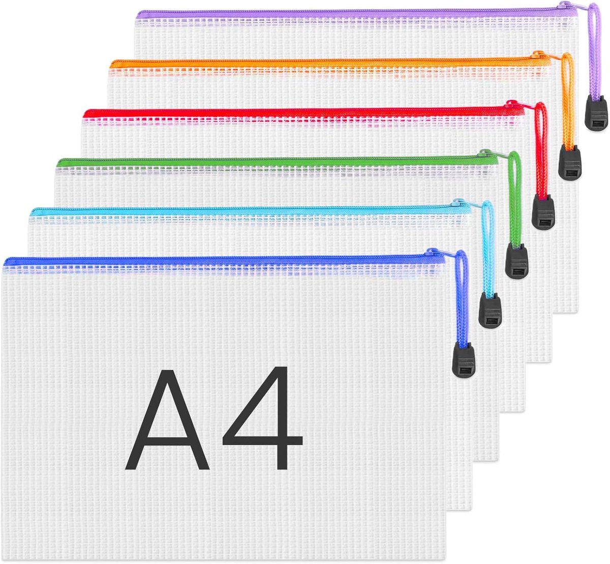 6 Stuks Documententas A4,Documentenmap A4 met Ritssluiting,Transparante Zakken met Ritssluiting,6 Kleuren Waterdichte Mesh Kunststof Documententas voor Kantoorbenodigdheden