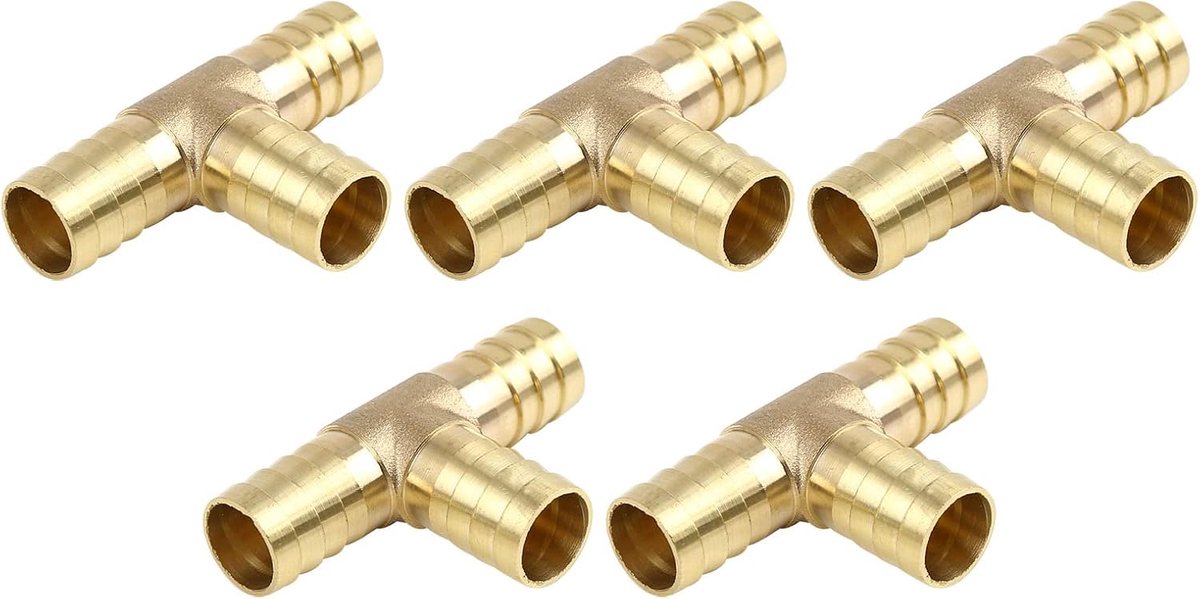 METERXITY 5 stuks messing slangfittingen, 16 mm diameter messing stekelslang, fitting aansluiting voor gebruik van water en brandstof (T-vormig, 3-weg)