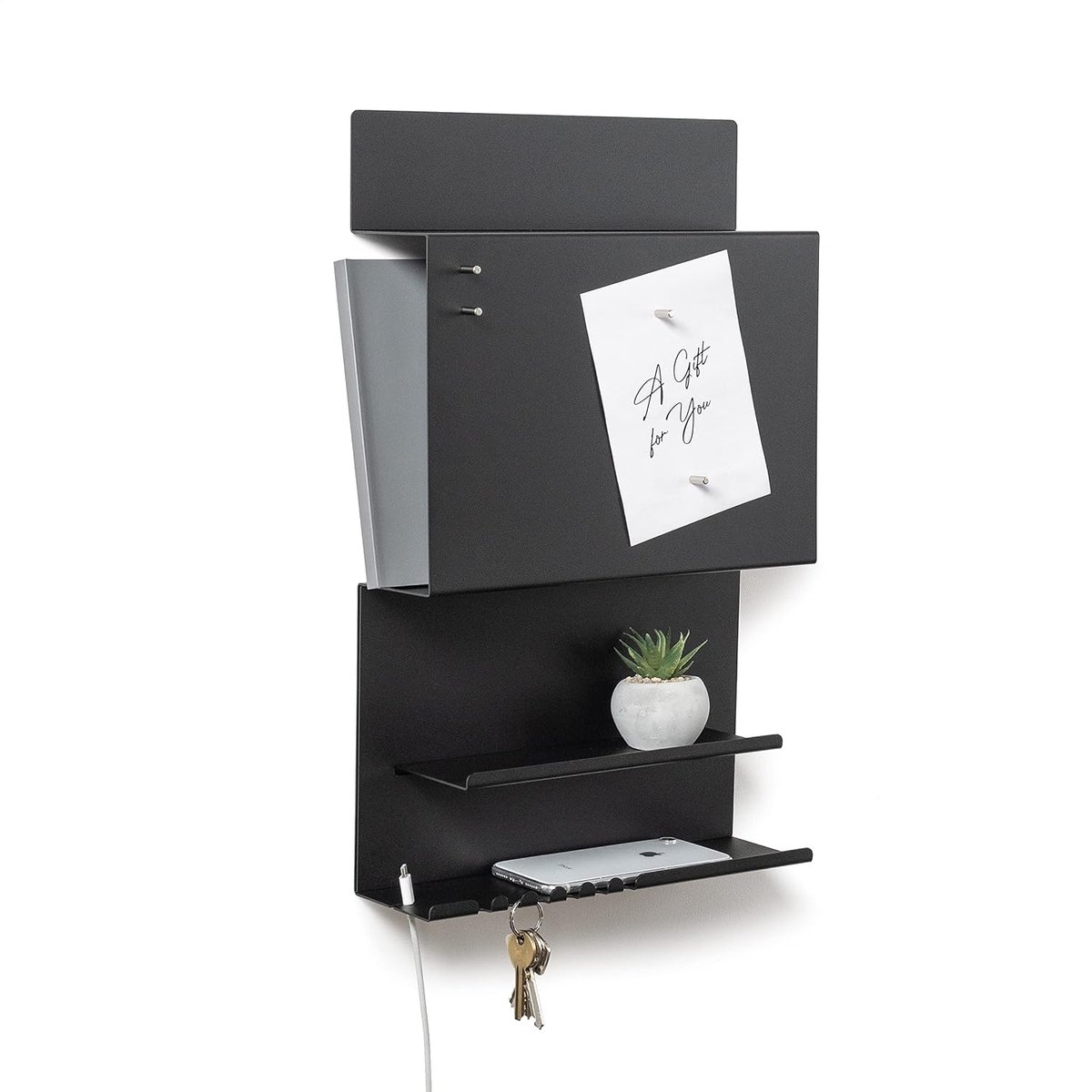 byde Hepe wandorganizer van metaal, 30 x 9 x 49 cm, 3-in-1 wandplank, met magnetisch bord en magneten. Organizer voor sleutels, krant en notities Wandmontage met montagesjabloon. Kleur Zwart