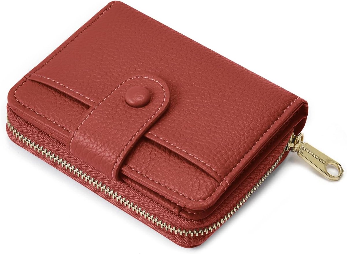 Portefeuille voor dames, kleine portemonnee voor dames in zacht leer, damesportefeuille klein formaat met groot muntvak met ritssluiting, Rood, Piccolo, Minimalistisch