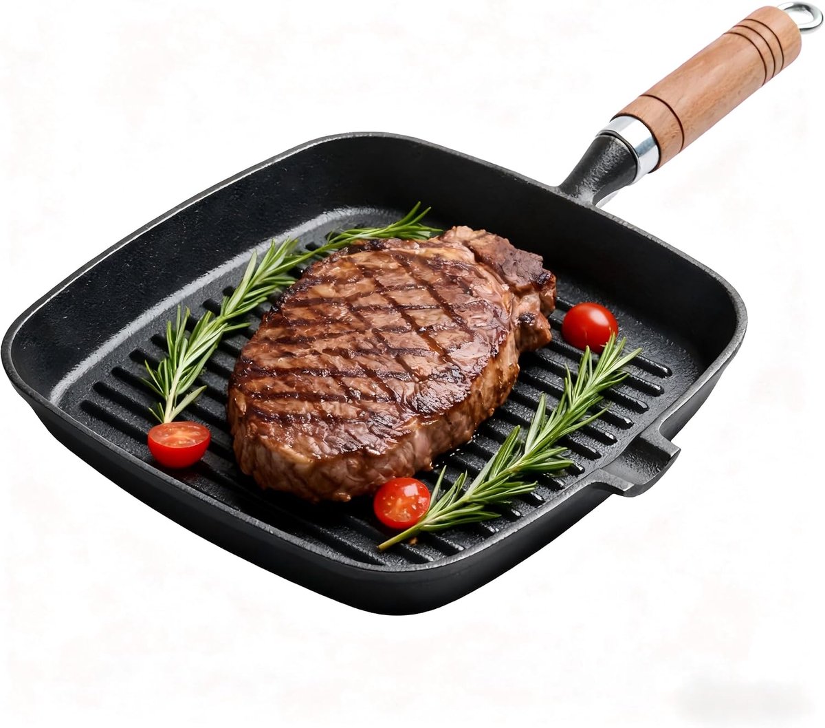 Grill Pan Gietijzeren Grill Koekenpan met Schenktuit, 8.7in Zelfs Verwarming Vierkante Grillen Koekenpan Steak Pan voor Kookplaten