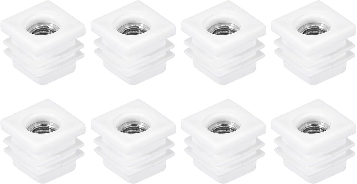 Vierkante buizen, 8 stuks, 20 x 20 mm, stoelhoes van PP met M8-schroefdraad, draadinzet voor meubelpoten, eindkappen voor verstelbare stoelbuizen (wit)
