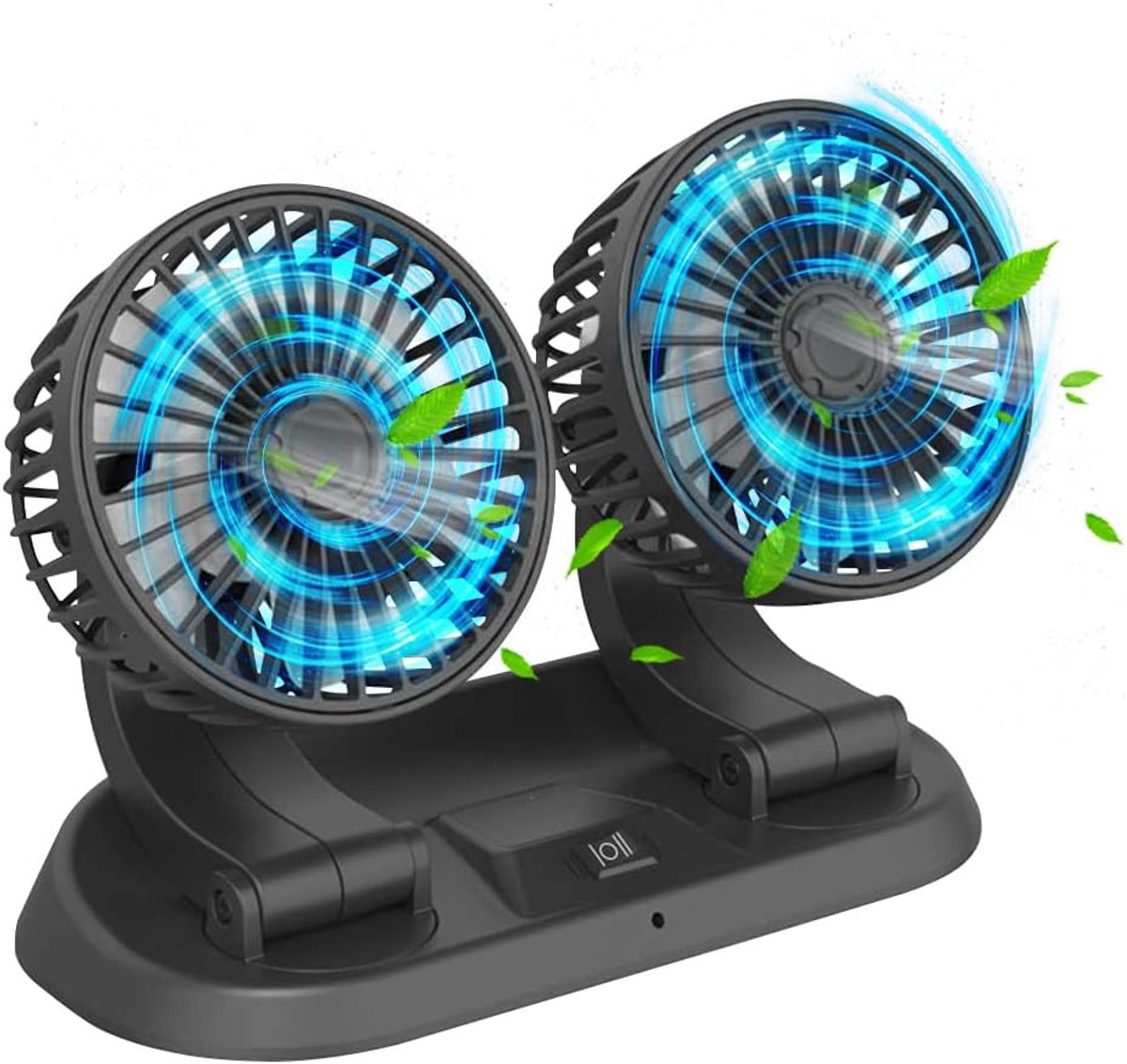Autokoelventilator met dubbele kop, 5 V, met USB-aansluiting, voor vrachtwagen, bestelwagen, SUV, camper, boot, 360 graden horizontaal 180 graden draaibaar, verticaal verstelbaar, grijs