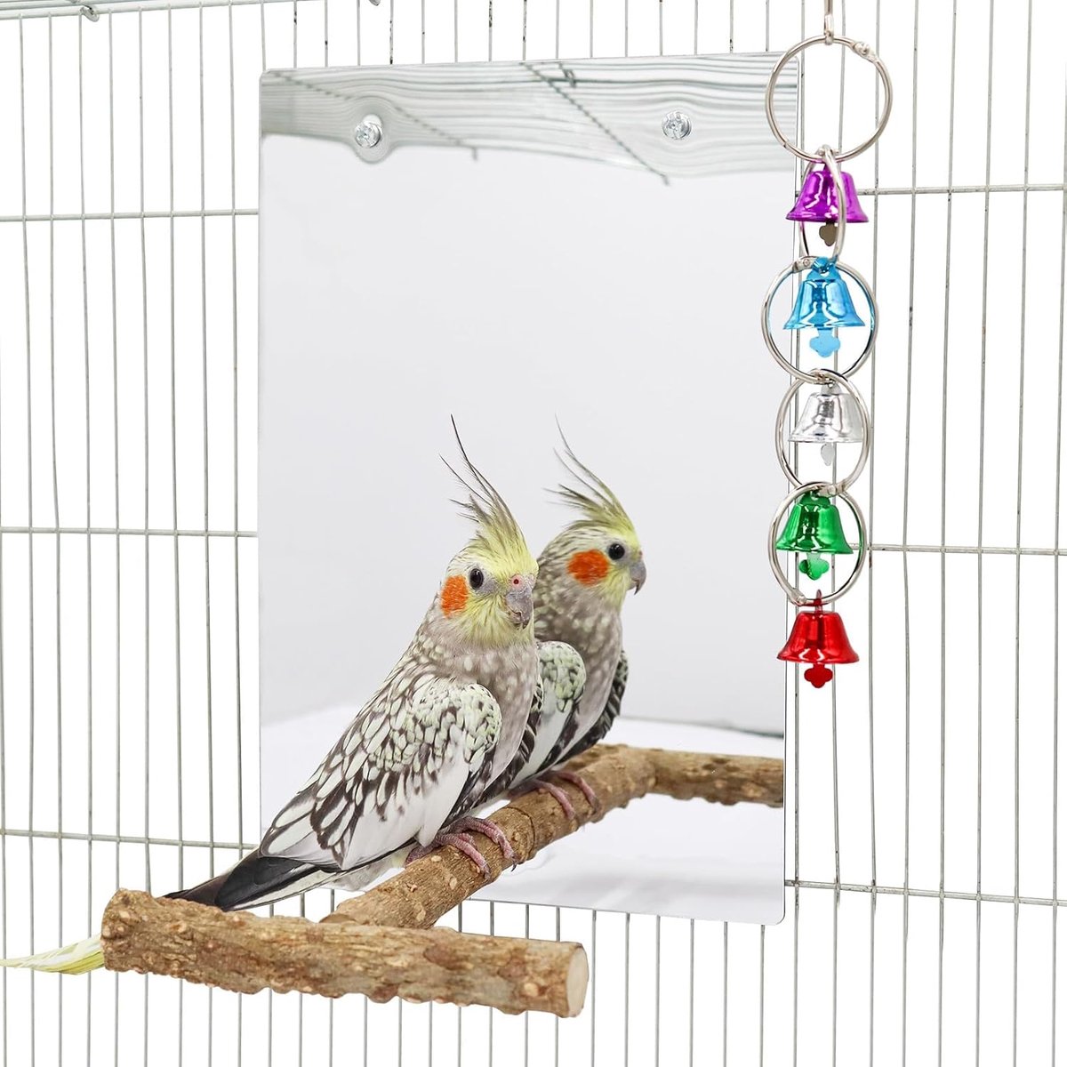 Speelgoed met Zitstang, Papegaaiparkiet Spiegel met Vogelslingerbel Speelgoed, Vogelkooi Accessoires, Geschikt voor Parkiet, Valkparkiet, Conure Liefdesvogels - 30 × 20 CM
