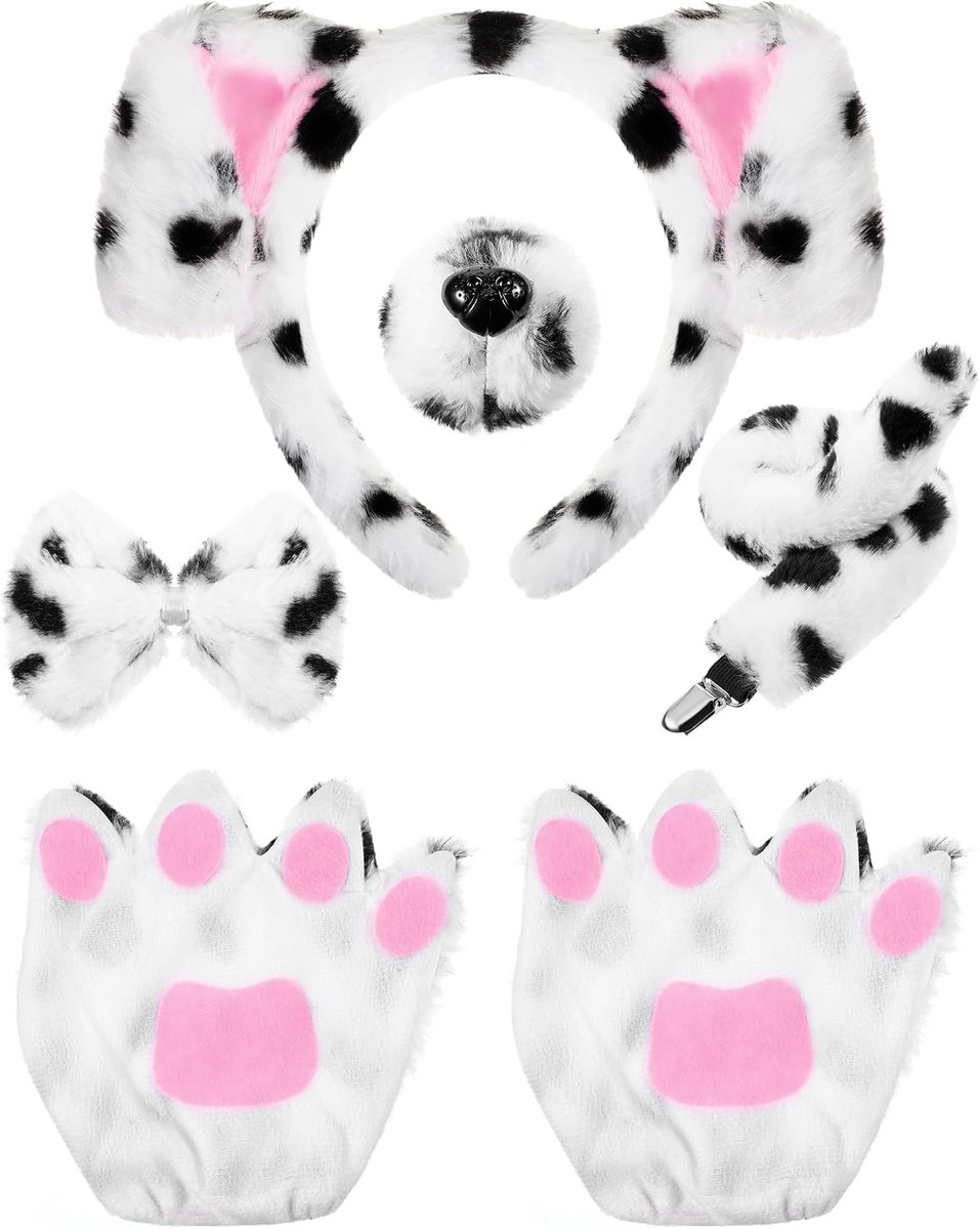 Hondenkostuum voor puppy's, hondenoren, hoofdband, vlinderdas, neus, staart, poothandschoenen, puppy dierenkostuum voor Halloween, carnaval, wereldboekdag (zwart wit, eenvoudige stijl)