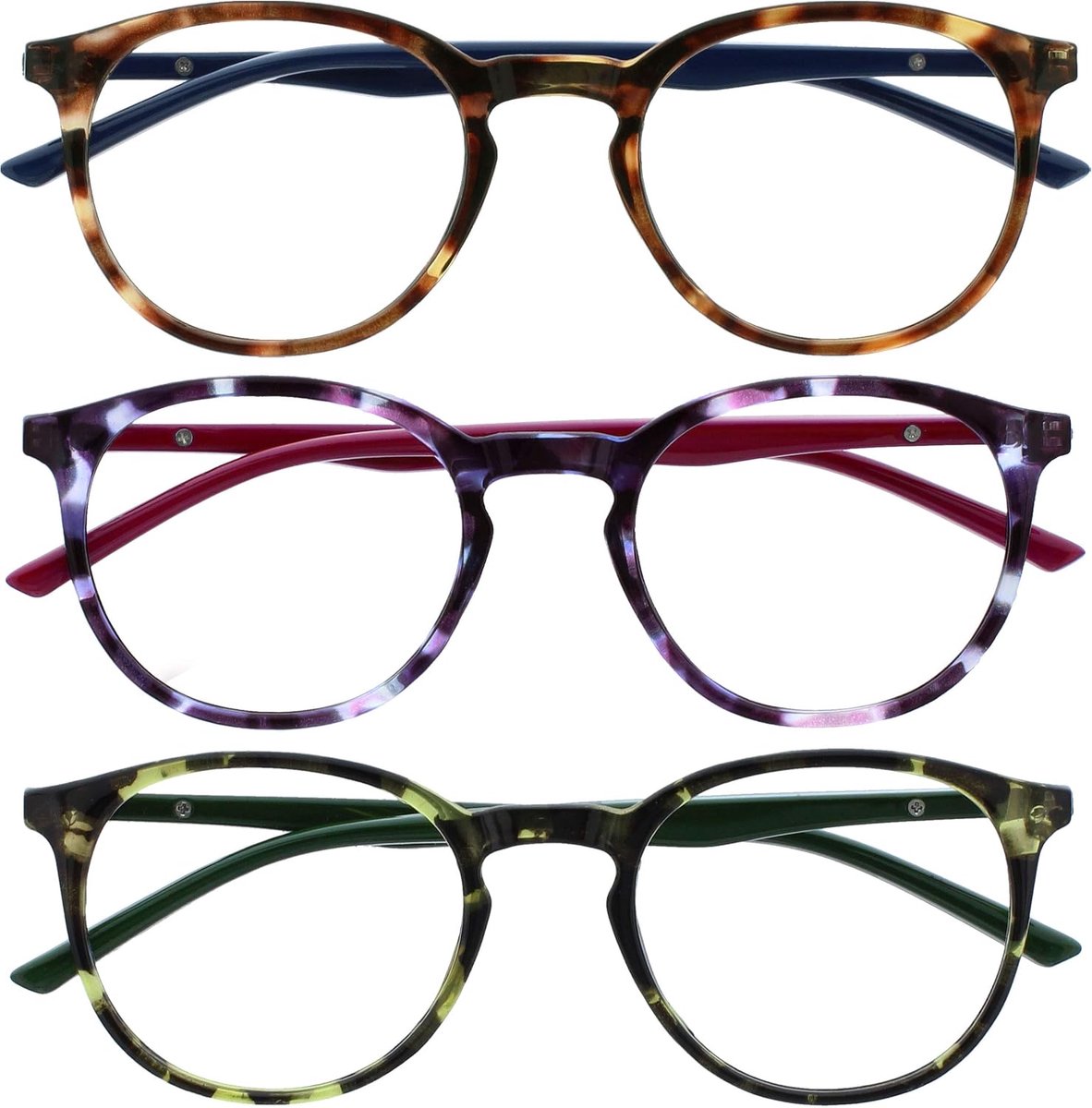 Opulize Met 3 Stuks Leesbril Groot Ronde Bruin Purper Groen Mannen Vrouwen Scharnieren Met Veer RRR60-256 +2,00