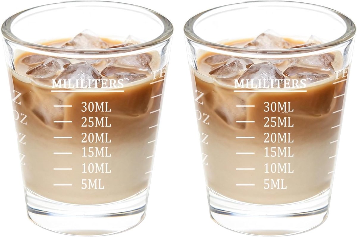 30 ml borrelglazen, maatbeker klein met schaal (oz,tsp, tbs, ml), Cl maatbeker voor cocktail, tequila, wodka, koffie, melk (wit)
