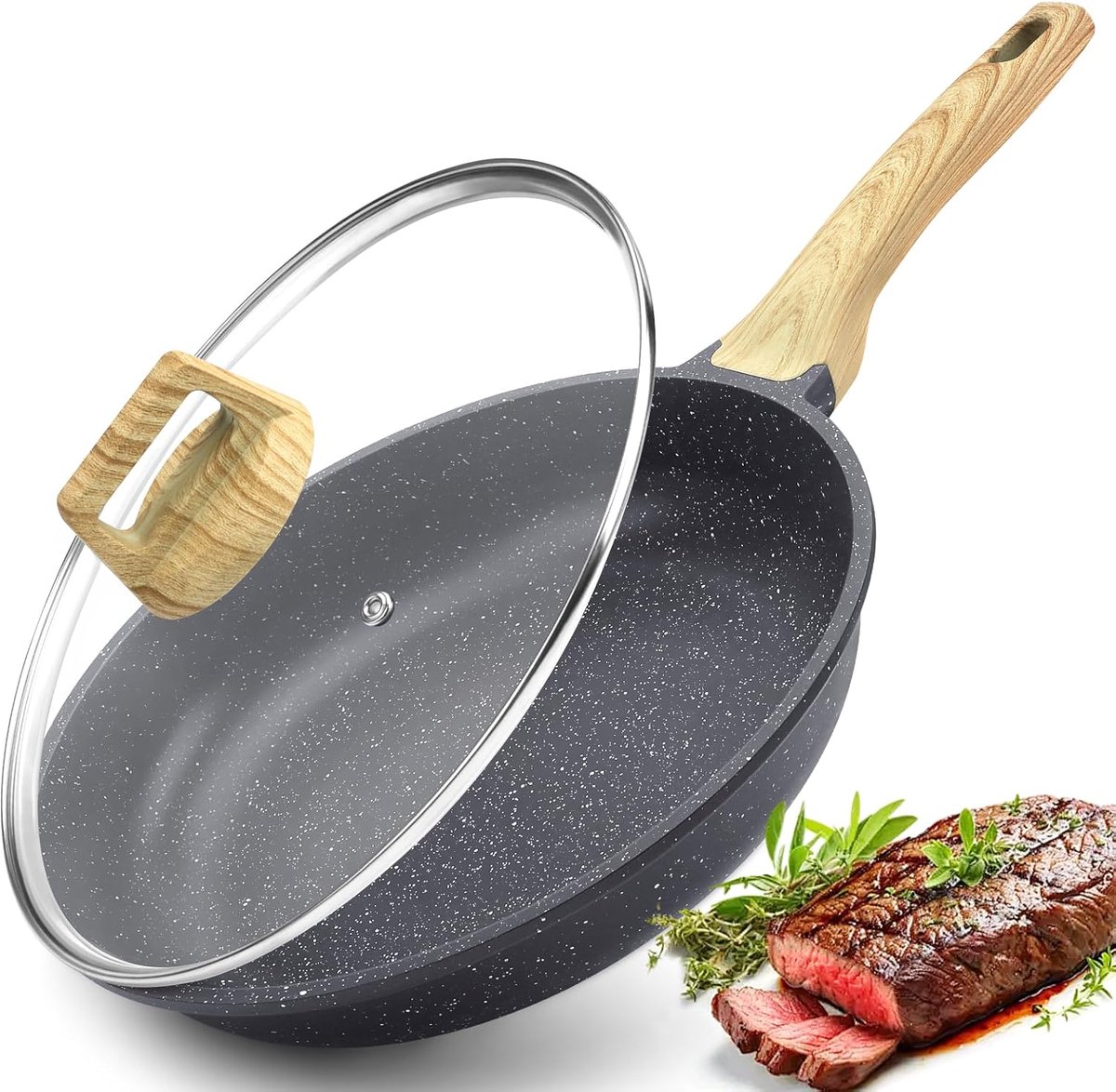 Anti-aanbak Koekenpan met deksel, Grijze Keramische Anti-aanbak Pan, Omeletpan met Hittebestendig Handvat, Geschikt voor Alle Kooktoestellen, PFOA-vrij (Grijs, 28cm + deksel)
