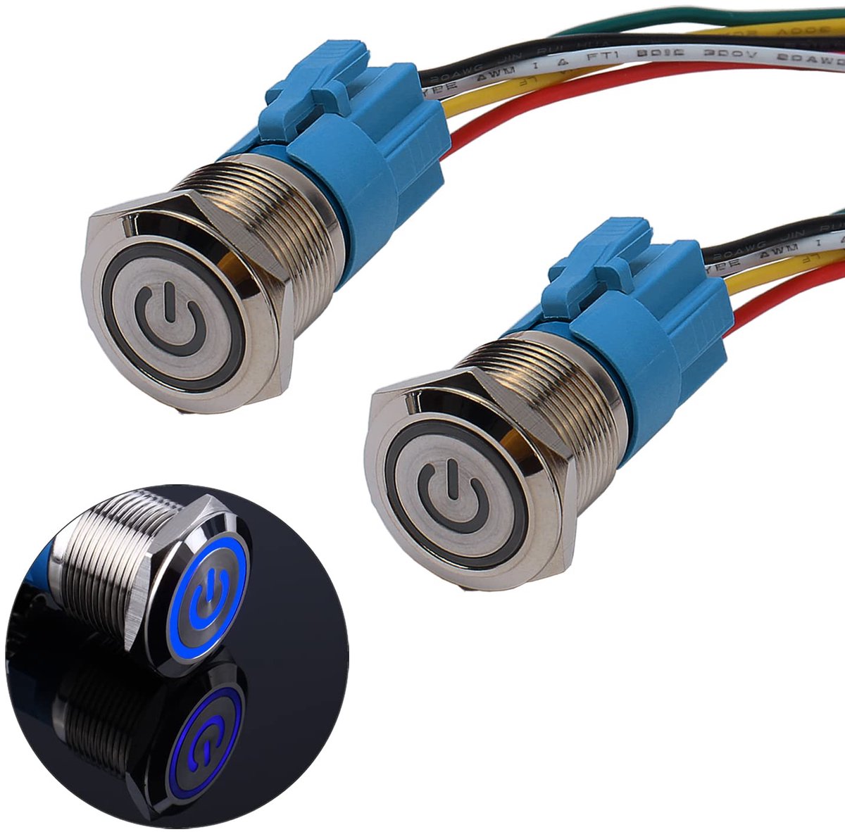 2× 19 mm Momentane metalen drukschakelaar 12V tot 24V 3A Momentary drukknop met blauwe LED-indicator IP66 1NO1NC taktiele waterdicht voorbekabelde drukknop voor boot, vrachtwagen, caravan, auto