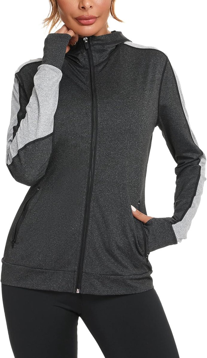 Hoodie met ritssluiting voor dames, sportjack, dames hoodies met lange mouwen, gymtops met capuchon voor vrouwen, hardloopjas, trainingsjas met zakken en duimgaten