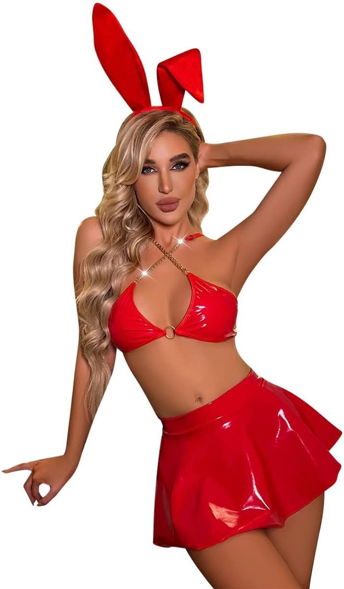 Sexy kostuum voor dames, cosplay, haas, wetlook, lingerieset, konijnenspel, rollenspel, outfit, Halloween, leer, ondergoed, clubwear, beha + minirok + string + hoofdband