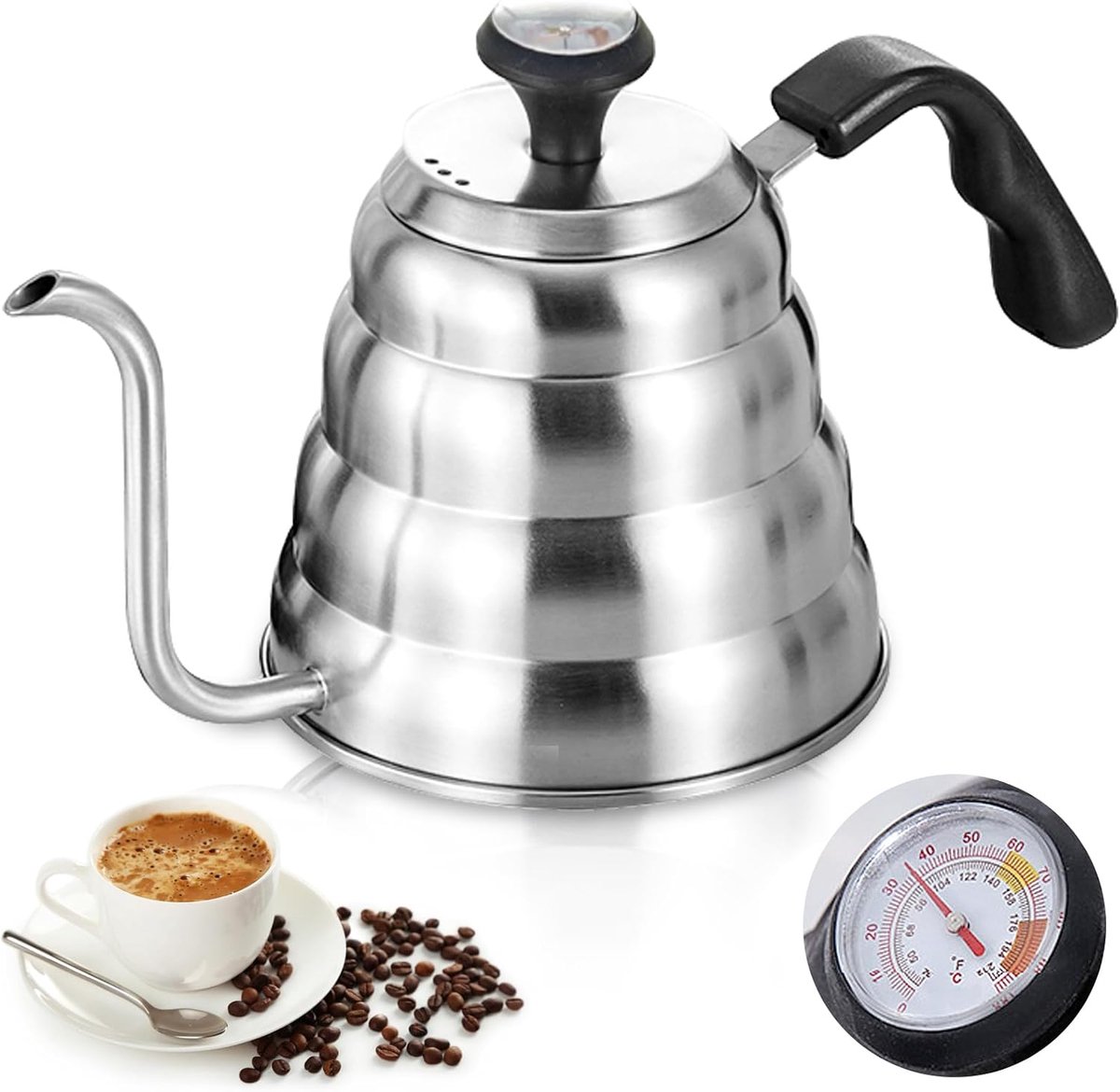 waterkoker: 1200 ml / 40 oz roestvrij staal waterketel koffiepot waterkoker zwanenhals met thermometer voor alle soorten fornuizen duurzaam, gemakkelijk te reinigen