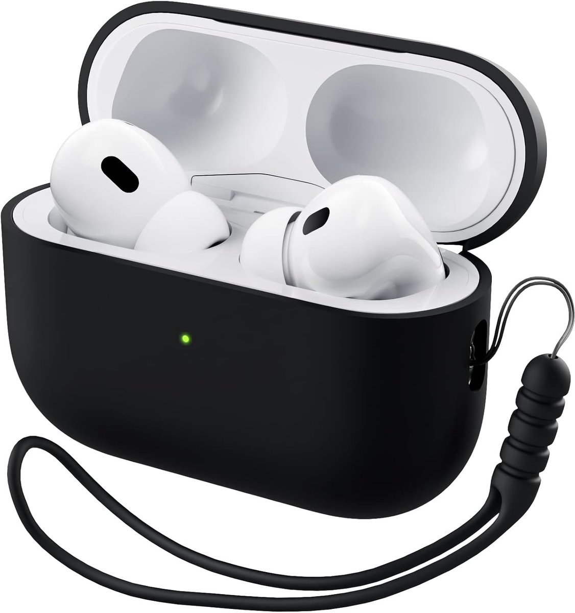 Compatibel met Airpods Pro 2 hoesje (2022), beschermende vloeibare siliconen hoes voor Airpods Pro 2e generatie met sleutelkoord zachte huid voorkant led zichtbaar-zwart