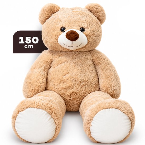 Beige teddybeer van 150 cm met witte poten en bruine snuit.