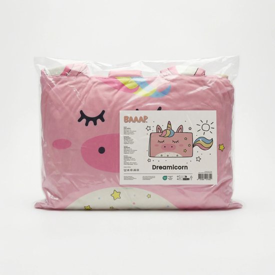Roze eenhoornkussen "Dreamicorn" met verpakkingsinformatie.
